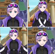 four different pictures of an anime character with purple hair and blue eyes, wearing sunglasses