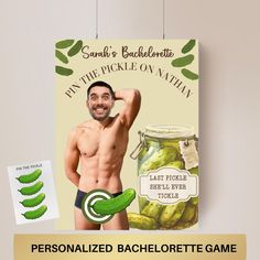 a man with no shirt standing in front of a jar of pickles and the label for his pickle on nathan