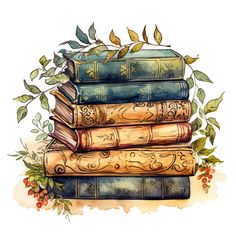 a stack of books sitting on top of each other with leaves and berries around them