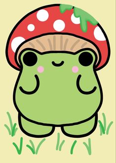 a green frog with a mushroom on it's head