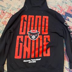 Technoblade Official Black And Red So Long Nerds Merch Hoodie. Brand New, Never Worn Washed Once Black Hooded Hoodie For Fan Gear, Black Hooded Jacket With Letter Print For Streetwear, Black Hoodie With Logo Print, Black Hooded Jacket With Letter Print, Black Hooded Outerwear With Logo Print, Black Hoodie With Drawstring For Fan Gear, Black Hoodie For Fan Gear In Winter, Black Hoodie For Winter Fan Gear, Black Hip Hop Hooded Jacket With Drawstring