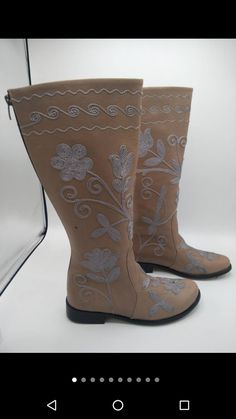 Genuine leather custom made en boots #westernboots #ridingboots #bohofashion Embroidered Leather Knee-high Boots, Embroidery Boots, Tan Leather Boots, Comfy Boots, Riding Boots Fashion, Leather Embroidery, Comfy Boot, Womens Riding Boots, Custom Boots