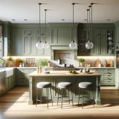 a kitchen with green cabinets and stools next to an island in front of the sink