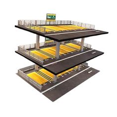 three tiered parking structure with yellow and black markings on the sides, in front of a white background