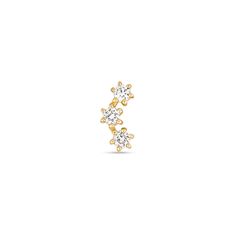 an earring with two small diamonds on the top and bottom, set in yellow gold