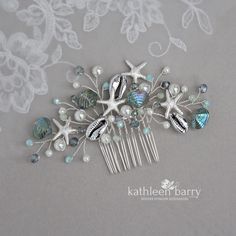 A delicate beach wedding hair comb with silver starfish, * Czech glass pearls, crystals, iridescent glass clam shells, metallic plated cowrie shells. Hand worked with tarnish resistant jewelry wire and reinforced onto a sturdy comb. Main Image description: Shades of turquoise, teal aqua and sea foam green (sea glass shades), silver wire-work, off white/ivory pearls. Starfish only available in silver Custom colors available - images soon to be added Handmade in our studio Approximate dimensions: Destination Wedding Hair, Pearl Bridal Hair Comb, Beach Wedding Hair Accessories, Beach Theme Wedding Cakes, Pearl Hair Comb Wedding, Romantic Wedding Style, Pearl Bridal Hair, Bridal Hair Combs Pearl, Beach Wedding Colors