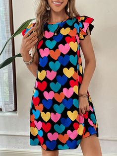 Women Colorful Heart All-Over Printed Dresses Print Floral Decorated Dress Mother Day Outfit Summer Clothes Casual Summer Dress Teacher Dress Black Casual,Cute  Cap Sleeve Woven Fabric Geometric,Heart,All Over Print Tunic Non-Stretch  Women Clothing, size features are:Bust: ,Length: ,Sleeve Length: Casual Summer Dresses With Heart Print, Cheap Casual Heart Print Dresses, Casual Sleeveless Heart Print Dress, Red Heart Print Summer Dress, Multicolor Vibrant Print Knee-length Mini Dress, Teacher Dresses, Print Tunic, Dress For Short Women, Casual Summer Dresses