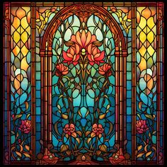 a stained glass window with flowers in it