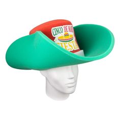 Get this Awesome Giant Cinco de Mayo Cowboy Hat Today! This Giant Cinco de Mayo Cowboy Hat will definitely make you stand out at your next Party, Wedding, Corporate Event, Birthday, Quinceanera, or Halloween Party!  Product Details: ✓Made in the USA ✓Handmade ✓High Quality Foam ✓One Size Fits Most ✓Customizable to your preferences "This is where your party starts". Give your next party a new life and rediscover your youth with Foam Party Hats. Foam Party Hats Guarantee At Foam Party Hats we beli Novelty Wide Brim Costume Hat One Size, Novelty Adjustable Wide Brim Hats, Novelty Wide Brim Adjustable Hats, Adjustable Wide Brim Novelty Hats, Adjustable Flat Brim Hat For Cinco De Mayo, Fun Curved Brim Hat For Kentucky Derby, Novelty Green Hats With Curved Brim, Novelty Green Hat With Curved Brim, Mexican Cowboy Hat