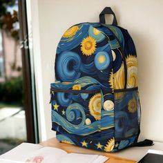 Starry Night Meets Sunflowers Van Gogh Mashup by Ricaso. A fun original Van Gogh combination artwork on a great backpack. Take your art with you.  Vintage art with a modern twist. Sunflowers Van Gogh, Sunflower Vans, Backpack Art, Van Gogh Sunflowers, Art Stuff, Hat Crafts, Gaming Wall Art, Van Gogh, Baby Accessories