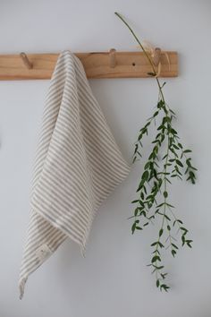 a towel hanging on a wall next to a wooden rack with a plant growing out of it