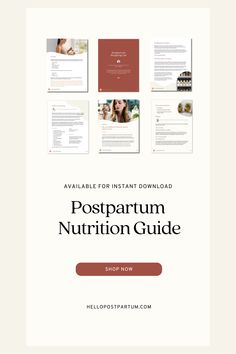 the postpartum nutrition guide is shown in front of a white background with red accents