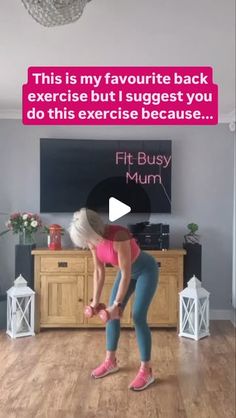 a woman in pink shirt and blue leggings doing exercises