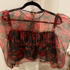 Sheer Chiffon Beautiful Red And Black Floral Top Chic Red Chiffon Blouse, Red Chic Chiffon Blouse, Chic Red Chiffon Top, Summer Red Chiffon Blouse, Floral Print Chiffon Top For Parties, Red Floral Print Party Blouse, Red Sheer Top For Spring, Red Sheer Tops For Spring, Chiffon Floral Print Party Blouse