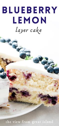 blueberry lemon layer cake on a white plate