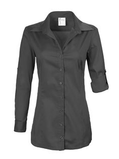 Our "Joey" Shirt is our semi-fitted basic. Can be worn in or out and is long enough to cover the "bum" Tailored yet casual women's black long sleeve button up shirt in a crisp, high thread count cotton/spandex blend Button front, long sleeve can be rolled and tabbed to 3/4 sleeve 60% cotton / 35% Polyester / 5% Spandex Semi-fitted shape Hand or machine wash Made in USA Style # 1977076 Casual Fitted Blouse With Roll-up Sleeves, Fall Office Blouse With Roll-up Sleeves, Office Blouse With Roll-up Sleeves For Fall, Slim Fit Long Sleeve Shirt For Fall, Slim Fit Collared Top With Placket, Stretch Long Sleeve Shirt, Solid Color Slim Fit Button-up Top, Solid Color Tops With Roll-up Sleeves For Office, Classic Long Sleeve Blouse With Roll-up Sleeves