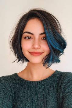 33 Gorgeous Choppy Bob Hairstyles for New Ideas in 2024 – CreativeBooster Short Bob With Color Underneath, Jaw Length Haircut, Blue Hair Highlights, Blue Short Hair, Short Layered Bob Hairstyles, Hair Styles For Round Faces, Layered Bob Short, Blonde Tips, Blonde Streaks