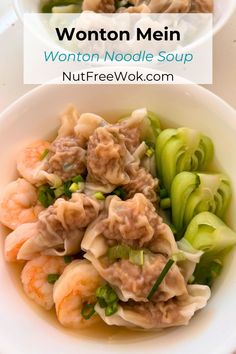 wonton noodle soup with shrimp and cucumbers in a white bowl