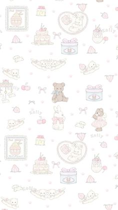 a white wallpaper with teddy bears and other items