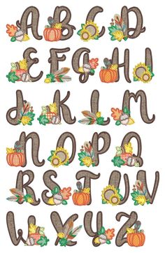 the alphabet is decorated with fall leaves and acorns, such as pumpkins