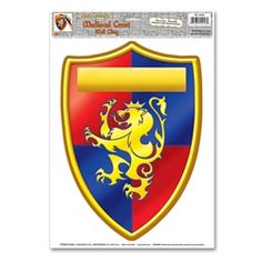 a red and blue shield with a yellow dragon on the front is featured in this image