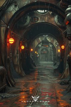 an underground tunnel with lights and graffiti on the walls is shown in this scene from star wars