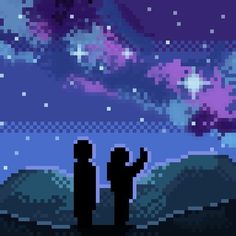 two people standing in front of a night sky with stars and the moon above them