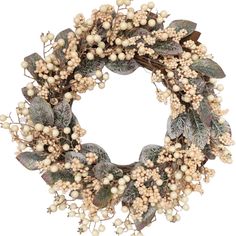 a wreath with white flowers and green leaves on the front is displayed against a white background