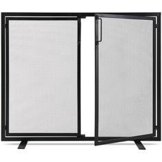 an open black fire screen with white mesh panels and two doors on each side,