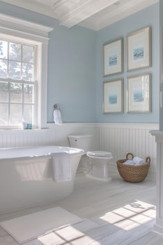 40 Cozy Coastal Bathroom Designs for a Warm Ambiance Beachy Farmhouse Bathroom, Small Coastal Bathroom Design, Blue Walls In Bathroom, Garden Space Ideas, Pastel Blue Bathroom, Coastal Blue Bathroom, Coastal Master Bath, Baby Blue Bathroom, Beach House Bathroom Ideas