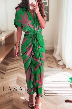 Lasaky - Printed Maxi Dress with Short Sleeves and High Waist Design Elegant Shirt Dress, Tie Up Shirt, Mode Prints, Summer Prints Fashion, Buttoned Dress, Short Maxi Dress, Shirt Dress Summer, Collared Shirt Dress, Short Sleeve Dress Shirt