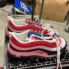 Nike Air Max 97’s White University Red Blue Isn’t Immaculate Condition Nike Air Max 97 Red White And Blue, 97 Shoes, Nike Air Max For Women, Nike Air Max 97, Shoes Color, Shoes Nike, Womens Shoes Sneakers, Air Max, Red Blue