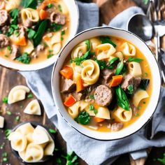 two bowls filled with pasta and meat soup