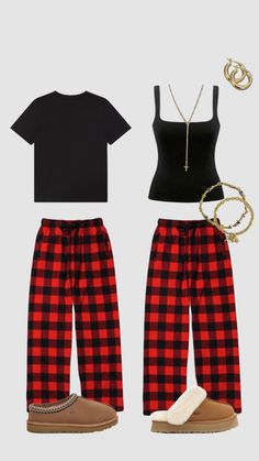 two pieces of clothing with shoes and necklaces on them, one is black and the other has red plaid pants