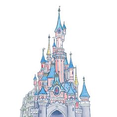 an image of a drawing of a castle with blue domes and turrets on it's roof