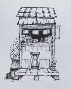 an ink drawing of a bar with stools and potted plants on the side