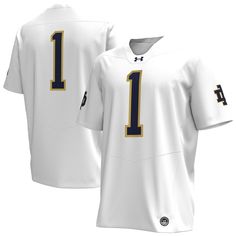 Nothing says football season like this slick, Notre Dame Fighting Irish gear, and this Premier Football Jersey from Under Armour will be the new go-to item in your closet. It features official team graphics that will help you confidently support your school. This jersey is also built with HeatGear technology so that you can comfortably root for your Notre Dame Fighting Irish from kickoff until the last second ticks off the clock. White Fan Apparel Jersey For College, White College Fan Apparel Jersey, Collegiate Football Season Jersey, Collegiate Jersey For Football Season Team Events, Collegiate Game Day Jersey With Team Logo, Collegiate Jersey For Football Season, Collegiate Jersey For Game Day, White Varsity Jersey For Game Day, White College Jersey For Football Season