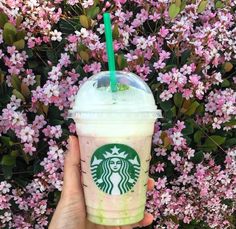 someone holding up a starbucks drink in front of some pink flowers