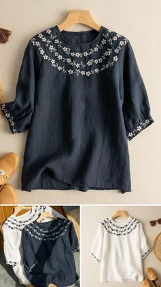 Order it, You will Love at Great Low Prices with this Cotton Linen Embroidery Blouse! Solid Color But Minimalist Style, Very Elegant. Folk Style V-neck Blouse With Embroidered Neckline, Embroidered Crew Neck Blouse, Crew Neck Blouse With Floral Embroidery, Bohemian Crew Neck Blouse With Floral Embroidery, Folk Style V-neck Blouse With Floral Embroidery, Folk Style Blouse With Embroidered V-neck, Linen Blouse Outfit, Linen Embroidery, Embroidery On Kurtis