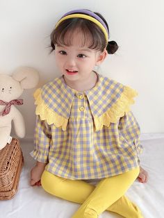 Multicolor Cute  Long Sleeve Cotton Gingham   Slight Stretch Summer Baby Clothing Baby Scarf Style, Baby Frocks Designs Cotton, Party Wear Frocks, Capri Design, Fall Baby Clothes, Gingham Top, Statement Collar, Kebab Recipes