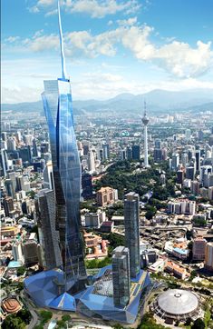 an aerial view of a city with skyscrapers and other buildings in the foreground