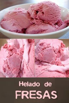 two pictures of pink ice cream in a bowl