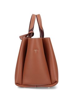 100% Calf leather Designer Tan Satchel With Removable Pouch, Tan Satchel With Double Handle, Elegant Tan Bucket Bag For Travel, Cognac Textured Leather Top Handle Bag, Luxury Tan Shoulder Bag For Everyday, Luxury Tan Everyday Bag, Classic Tan Satchel With Leather Handles, Elegant Tan Bucket Bag With Leather Handles, Cognac Top Handle Calf Leather Shoulder Bag