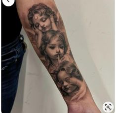 Angles Tattoos For Women, Girly Tattoo Sleeves, Amen Tattoo Words, Feminine Angel Tattoos, Cherub Tattoo Sleeve, Heavenly Tattoo For Women, By Any Means Necessary Tattoo, Three Angels Tattoo, Virgin Mary Tattoo For Women