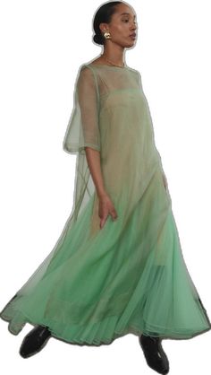 Spring Silk A-line Gown, Spring Floor-length Organza Evening Dress, Casual Sheer Silk Midi Dress, Sheer Long Sleeve Organza Dress, Spring Evening Dress With Sheer Bodice In Organza, Green Organza Dress For Spring, Formal Organza Midi Dress With Sheer Sleeves, Formal Sheer Organza Midi Dress, Summer Organza Gown With Sheer Bodice