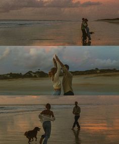 two people and a dog are playing on the beach at sunset or sunrise with their hands in the air