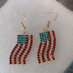 Brand New Patriotic Drop Earrings With Red White And Blue Crystals Patriotic Blue Earrings For Party, Patriotic Earrings For 4th Of July, Patriotic 4th Of July Earrings, Patriotic Drop Earrings For 4th Of July, Patriotic Red Jewelry For Party, Red Patriotic Jewelry For Party, Red Jewelry For 4th Of July Party, Red Jewelry For Party On 4th Of July, Patriotic Blue Drop Earrings