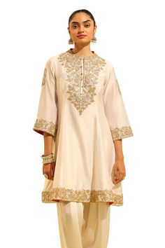 Ivory kurta with gota patti, dabka, zardozi embroidery on the placket, cuffs and hem. Paired with a salwar with embroidered hem and dupatta with gota patti embroidered border. - Aza Fashions Salwar Pattern, Zardozi Embroidery, Embroidered Hem, Luxury Sale, Satin Color, Modern Bride, Three Quarter Sleeves, Quarter Sleeve, Aza Fashion