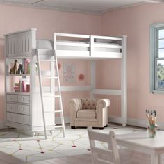 a white loft bed sitting next to a chair in a room with pink walls and furniture