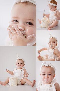 An adorable one year old enjoying her cake smash Unique 1st Birthday Photo Shoot Ideas, Cake Smash Photo Ideas, 1st Birthday Studio Photo Shoot Ideas, First Birthday Girl Cake Smash, 1st Birthday Smash Cake Photoshoot, Simple Cake Smash, Simple Cake Smash Photoshoot, Cake Smash Photoshoot